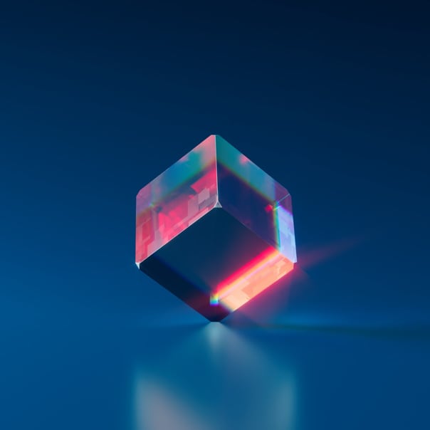 Equilibrium digital art cube balancing on an edge with vibrant neon lighting